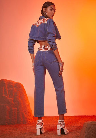 Classy In Cow Print Cropped Denim Jeans
