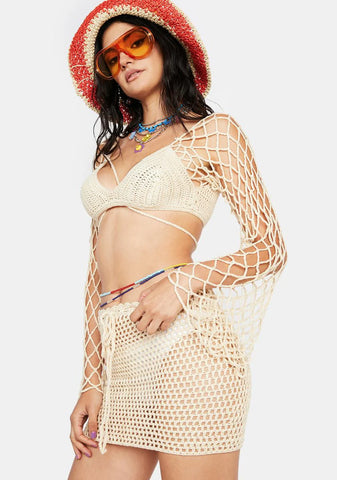 Beige Day In The Sun Crochet Skirt Set