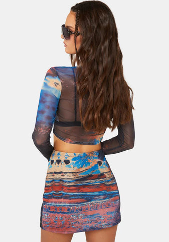 Scenic Print Mesh Slit Mini Skirt