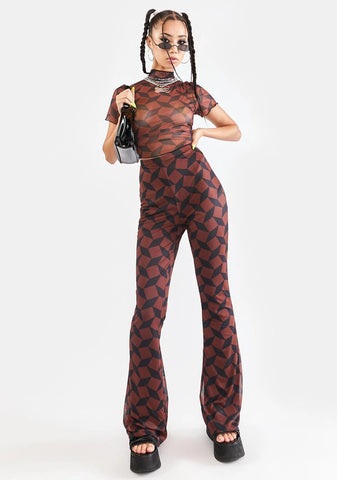 Recycled Brown Geo Mesh Flare Pants