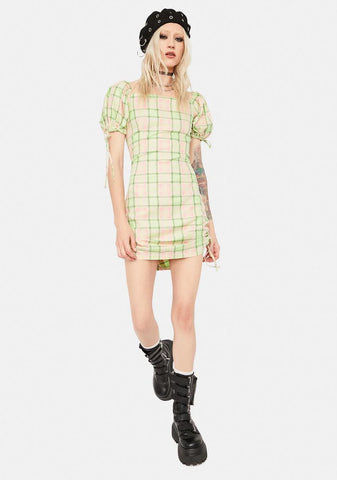 Memory Ruched Plaid Mini Dress