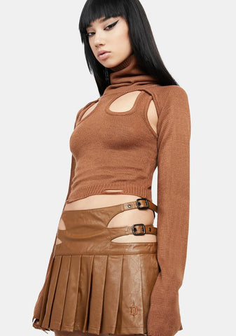 Atmosphere Brown Knit Cutout Turtleneck Top