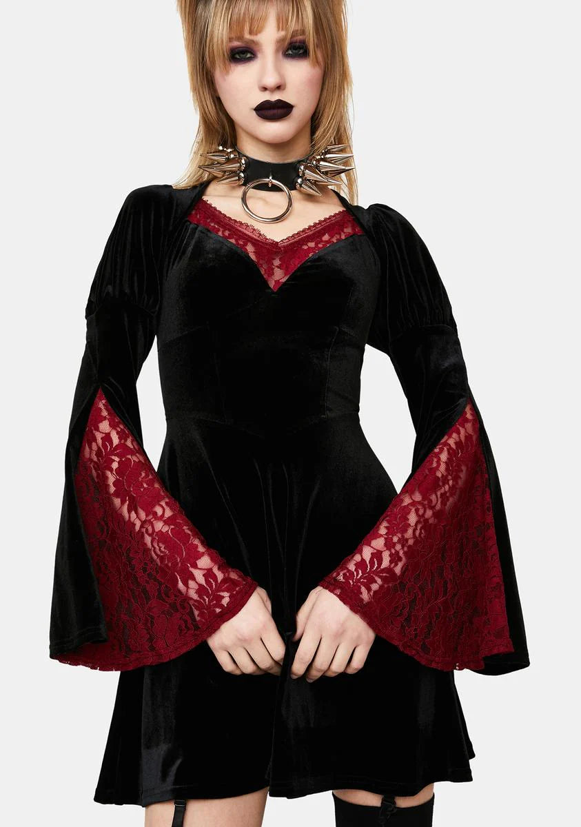 Black Mini Dress With Red Lace Sleeves