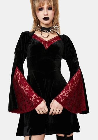 Black Mini Dress With Red Lace Sleeves