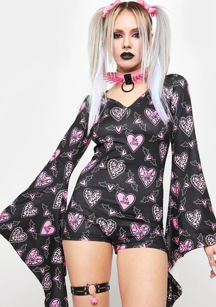 Be Mine Web Hearts Bell Sleeve Pajama Romper