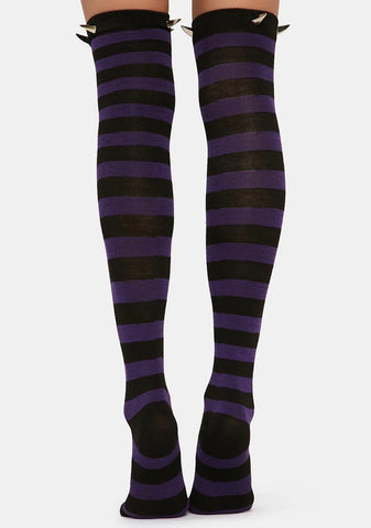 Violet Evil Delights Striped Thigh High Socks