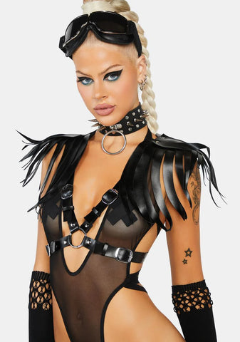 Black Vegan Leather Body Harness with Shoulder Fringe