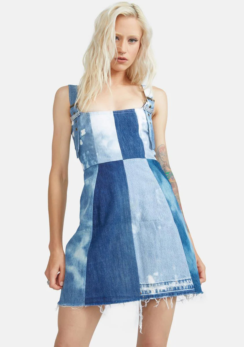 Reworked Denim Checkerboard Bleached Mini Dress