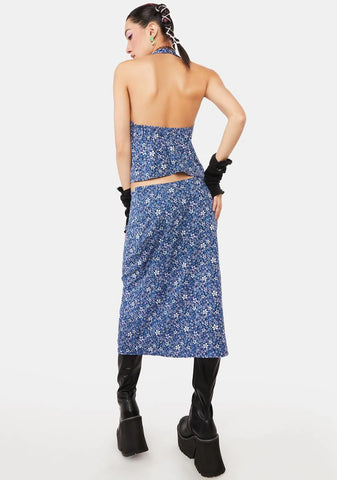 Retro Floral Blue Harriet Midi Skirt