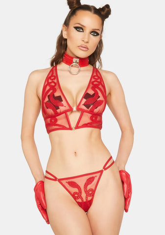Red Medusa Embroidered Thong