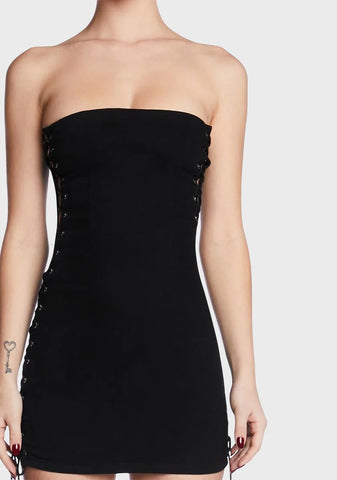 Black Denim Lace-Up Strapless Dress