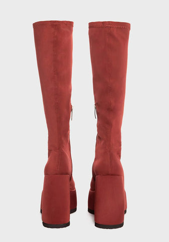 Red Roxy Wedge Knee High Boots