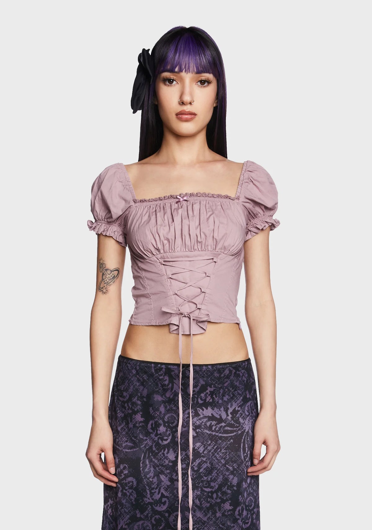 Aurora Milkmaid Lace Up Top - Mauve