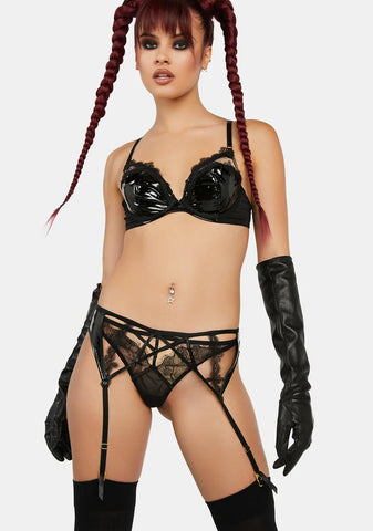x Hustler Brea Black Cut Out PVC & Lace Trim Suspender