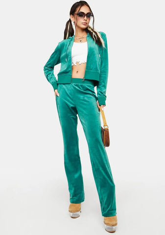 Jade Green Luxe Velour Rhinestone Logo Sweatpants