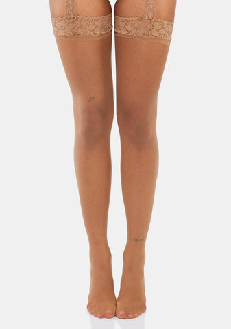 Almond Showing Off Lace Garter Stockings