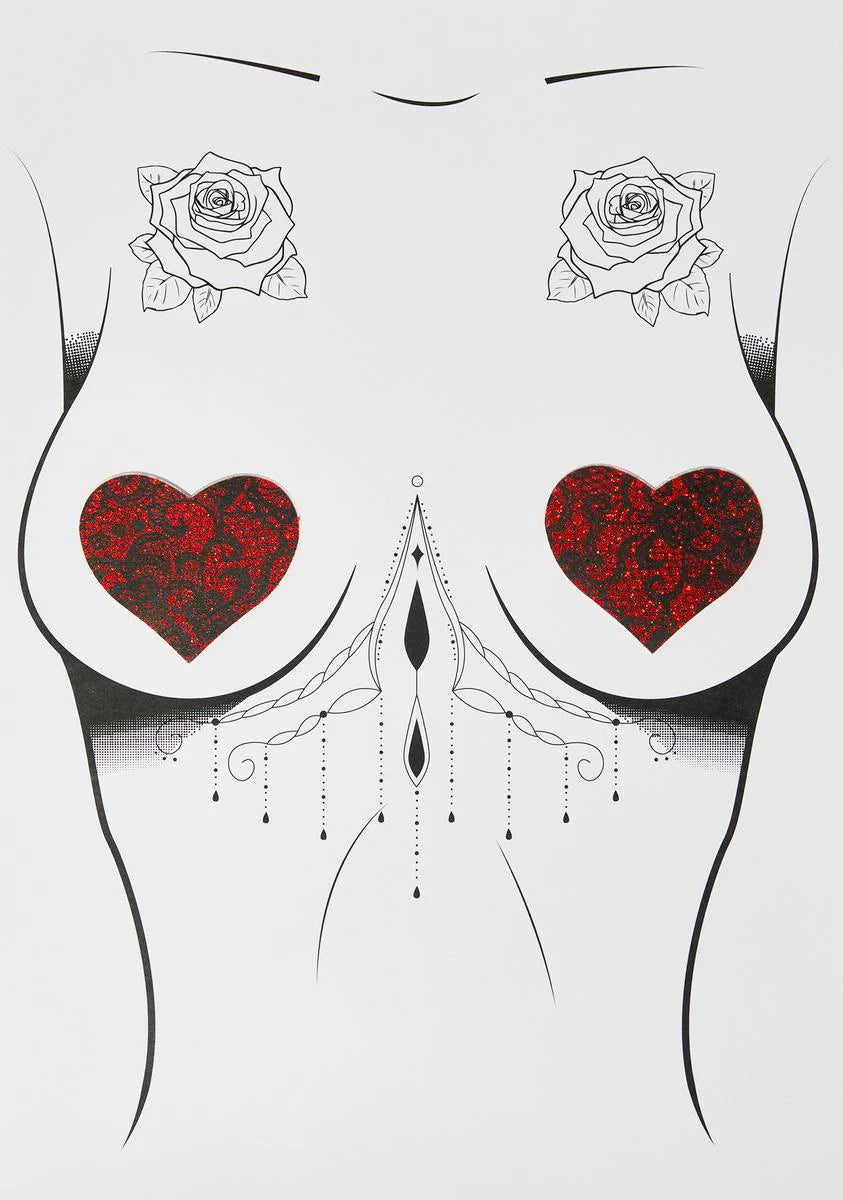 Red Glitter Lace Heart Pasties