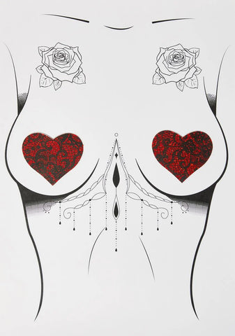 Red Glitter Lace Heart Pasties