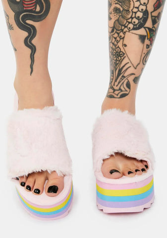 Qozii Pastel Faux Fur Platform Slides