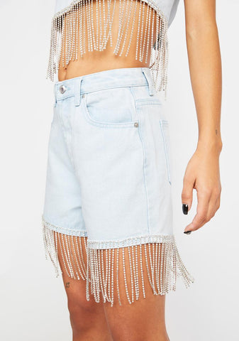Denim Shorts With Diamante Fringe