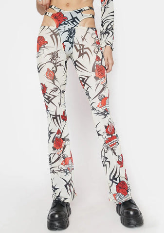 Beige Tattoo Rose Speed Racer Mesh Pants