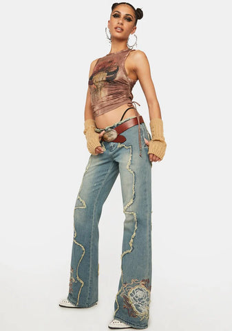 Crimson Rose Embroidered Jeans