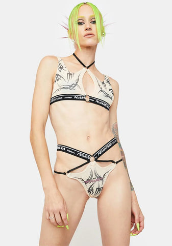 Beige Mesh Tattoo Lingerie Set