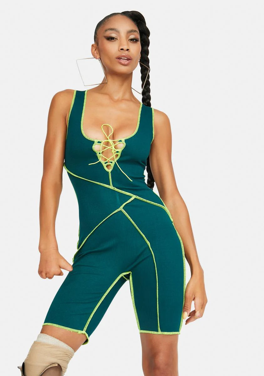 Adventure Driven Contrast Stitch Lace Up Tank Romper