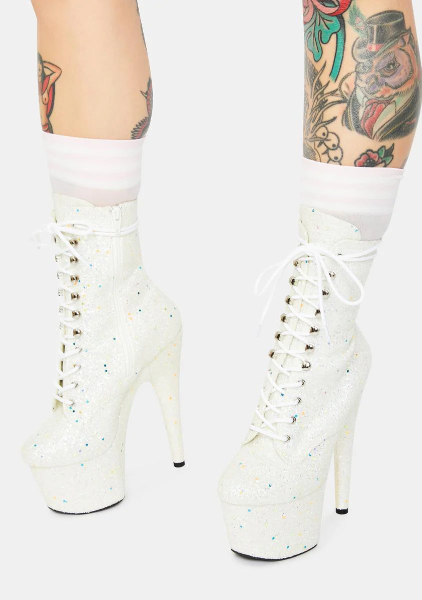 White Multi Glitter Lace Up Heels