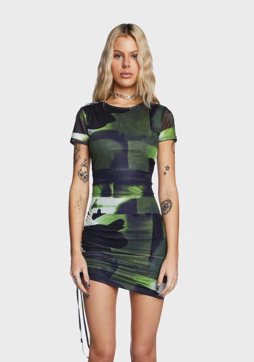 Ruching Detail Printed Mesh Mini Dress