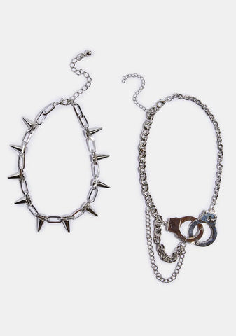 Atmosphere Handcuff And Spike Chain Necklace Set