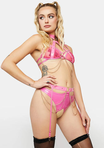 Vinyl & Chain Crotchless Bra Set