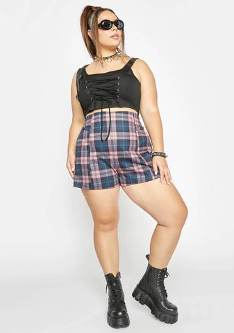 Plus Baby Fashionably Late Plaid High Waist Shorts