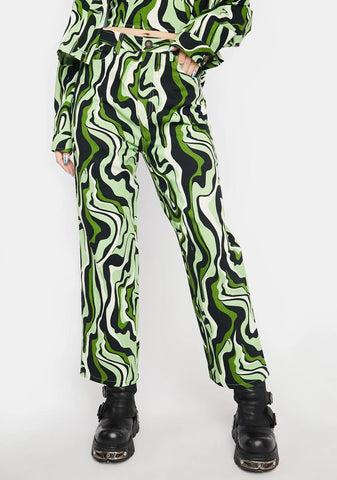 Green Swirl Print Trousers