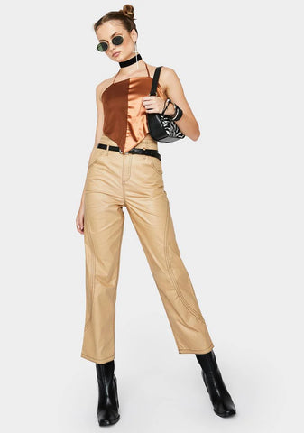 Beige Glossy High Waist Pants