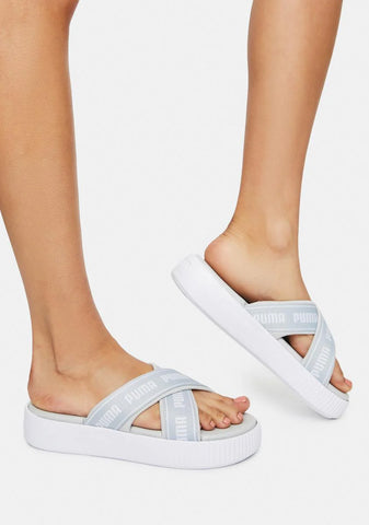 White Suede Tape Platform Slide Sandals