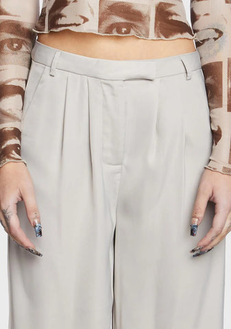 Taupe Satin Pintuck Wide Pants