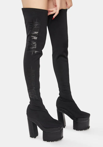 Snare Logo Stretch Thigh High Platform Boots
