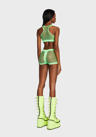 Lime Work It Out Fishnet Shorts Set