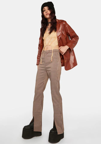 Brown Check Split Hem Trousers
