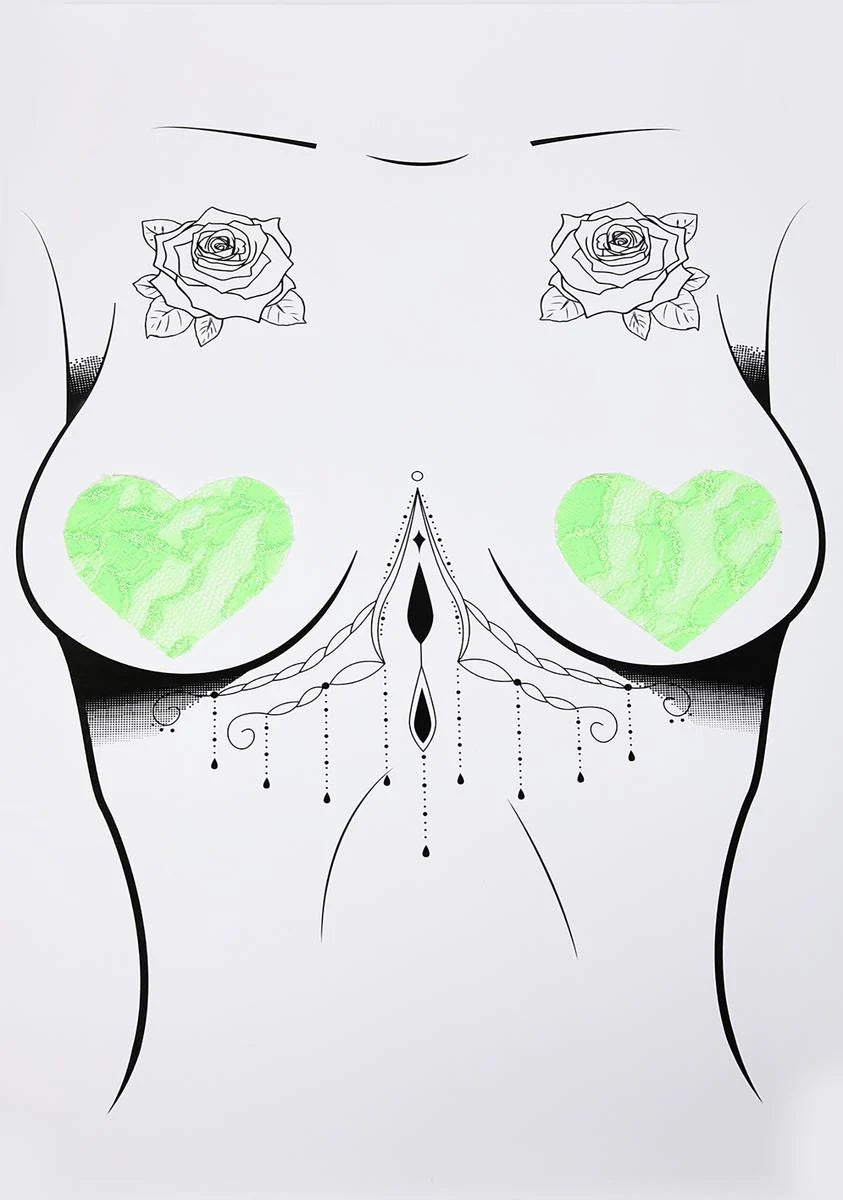 Neon Green Lace Heart Pasties