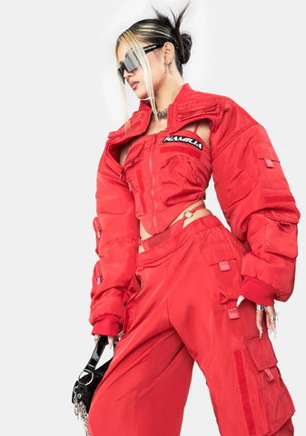 Red Nylon Bomber Choker Jacket