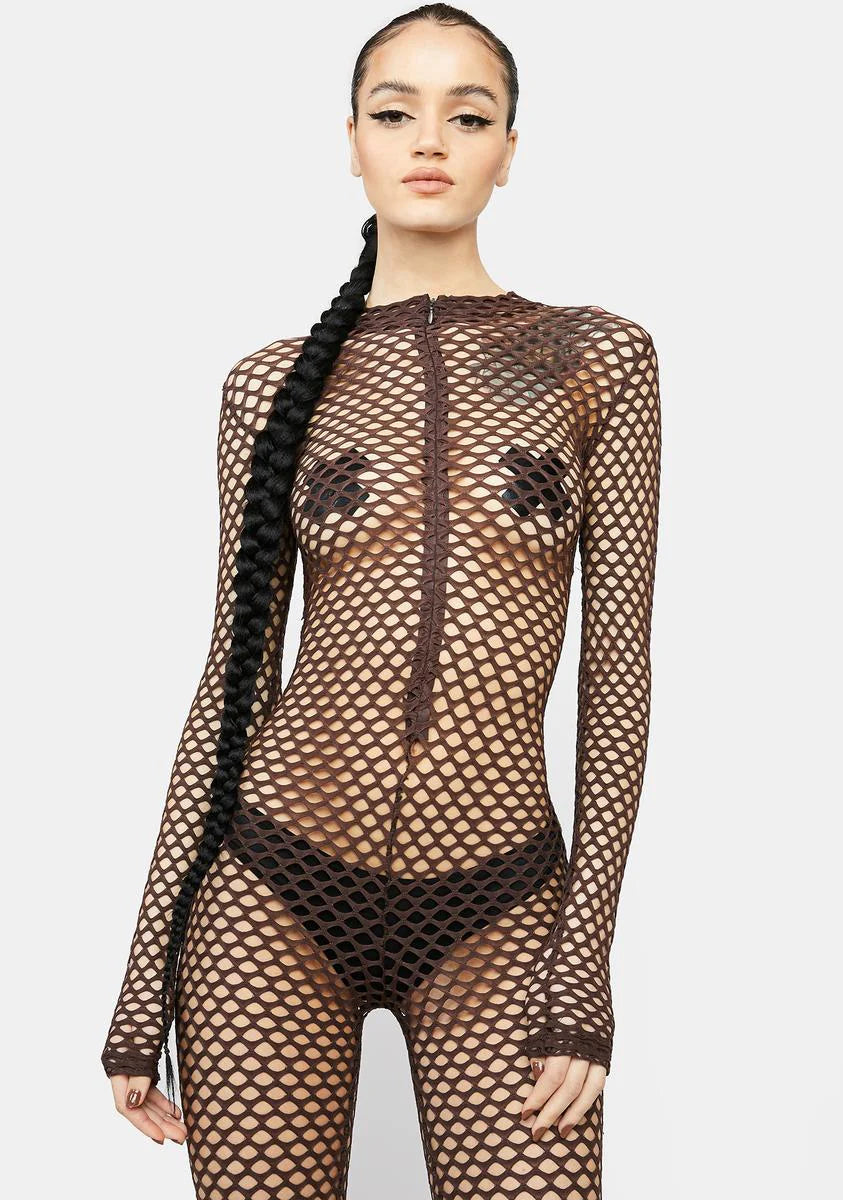 Mocha Call Me Bad Fishnet Catsuit