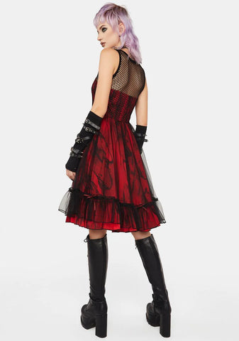 Black And Red Dark Mesh Spliced Woven Dress