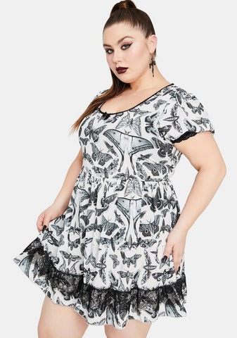 Divine Spirit World Lace Trim Moth Print Dress