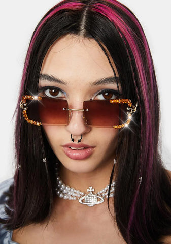 Brown Rimless Revival Rhinestone Sunglasses