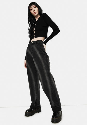 Washed Black Tie Dye Circle Effect Baggy Wide Leg Jeans