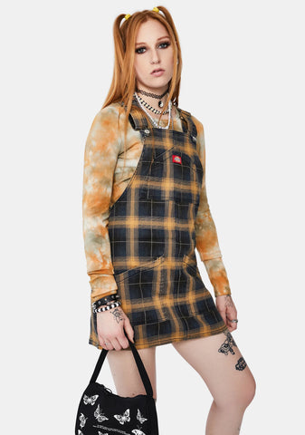 Brown Plaid Overall Mini Dress