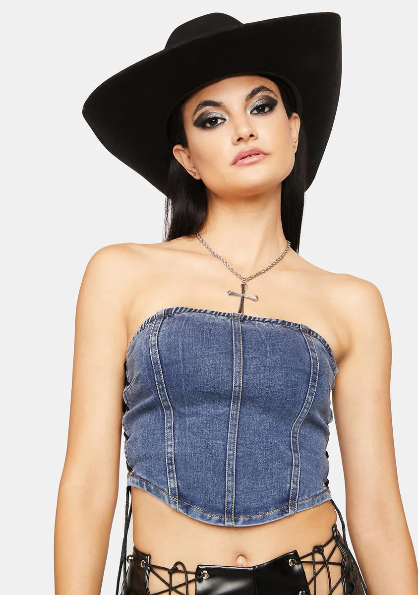 Cyan Straight Face Denim Corset Top