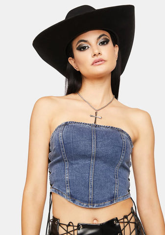 Cyan Straight Face Denim Corset Top